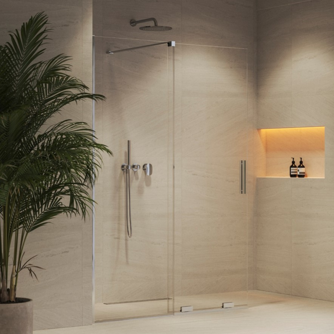 Недвижимая стенка Roll Walk In ROWI-100 с подвижным стеклом и держателем Полир. алюм. TRANSPARENT