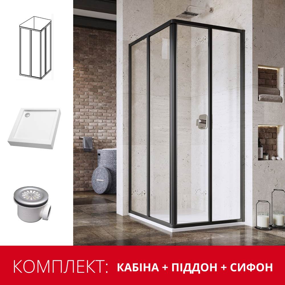 Душева кабінка Ravak Supernova SRV2-90 S (піддон Modena 90 Slim + сифон Basic 90) чорний/transparent